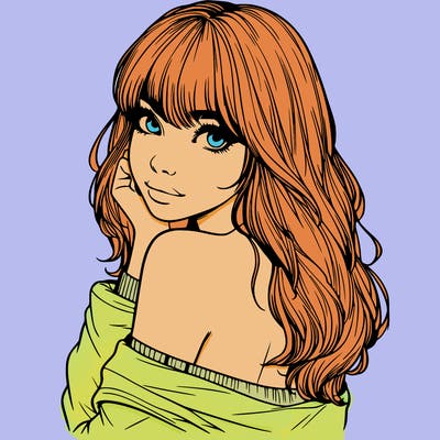 realistic girl with bangs looking over her shoulder