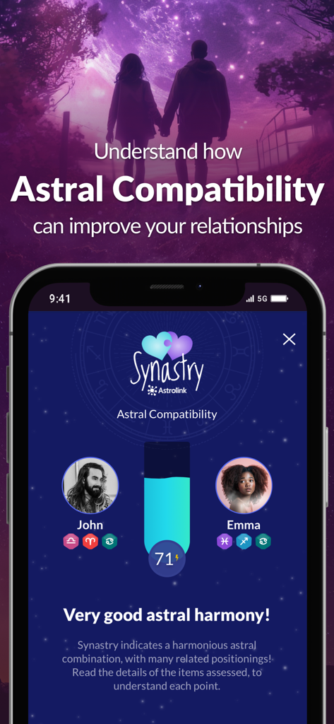 Astrolink: Do your Birth Chart - Astrolink mobile app screen showing the Synastry feature with an astral compatibility score of seventy-one percent between two users