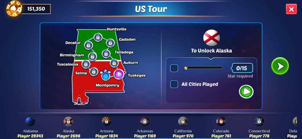 Spades Bid Whist: Card Games - Modo US Tour en Spades Bid Whist mostrando un mapa de ciudades de Alabama y el progreso del estado