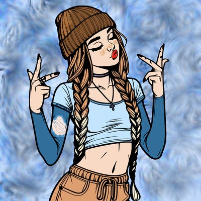 realistic teenage girl with braids and a beanie and crop top doing 🫶🏼