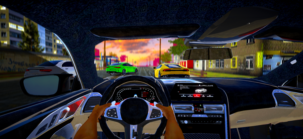 Caucasus Traffic Racer - First-person cockpit view of a sports car racing through city traffic at sunset