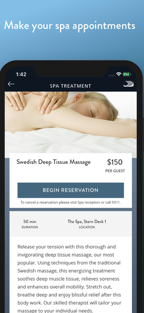 Viking Voyager app screen for booking a Swedish Deep Tissue Massage at the ship's spa.