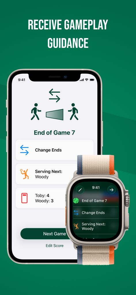 Tennis Scorecard App - Tennis Scorecard App auf iPhone und Apple Watch zeigt Spielanleitungen wie Seitenwechsel und nächster Aufschlag