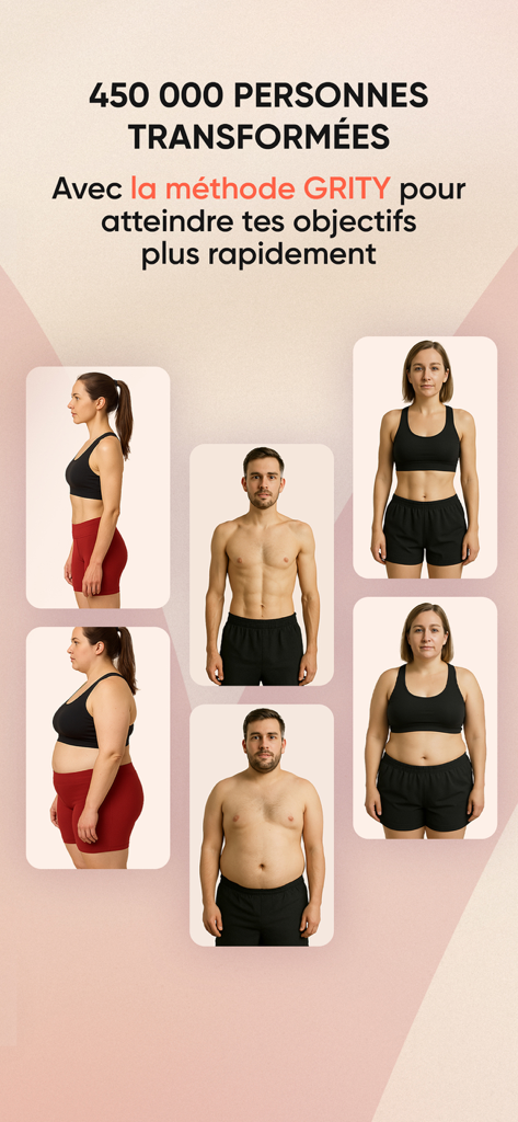 Grity - Sport & Nutrition - Photos avant et après montrant des transformations corporelles réussies grâce à la méthode Grity