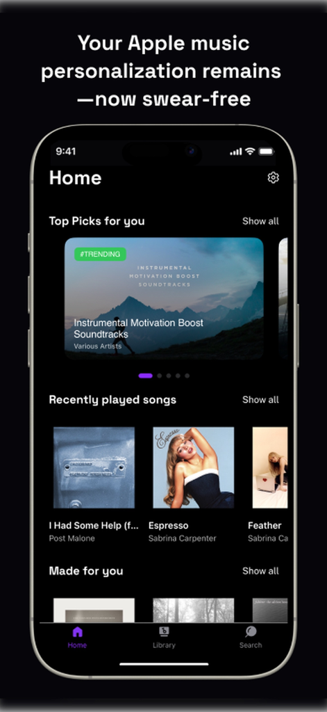 Verso: Clean Music AI - Verso Clean Music AIアプリのホーム画面。パーソナライズされた曲のおすすめとApple Musicの統合を表示します。