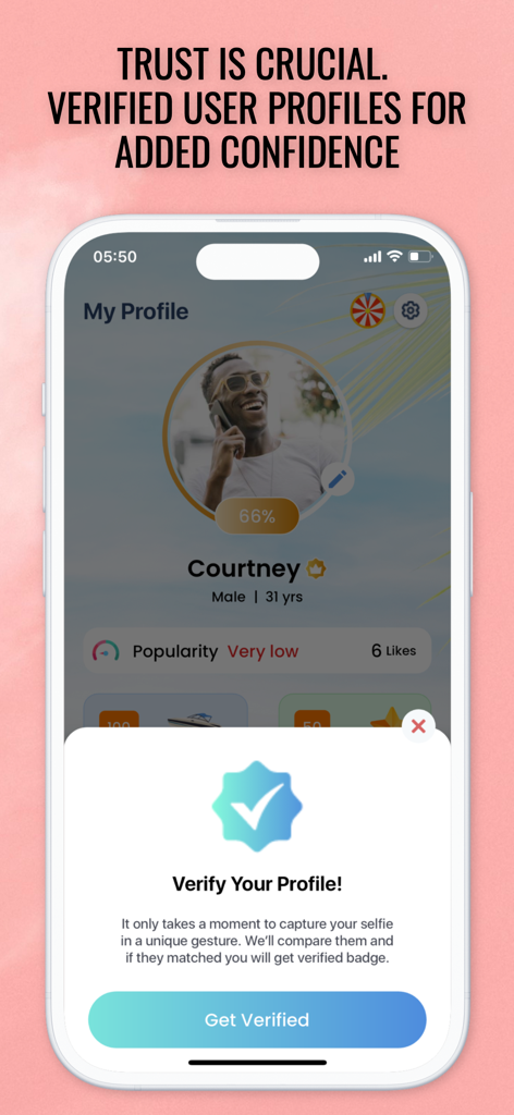 Lovisland Dating app screen showing user profile verification process with a verified badge icon