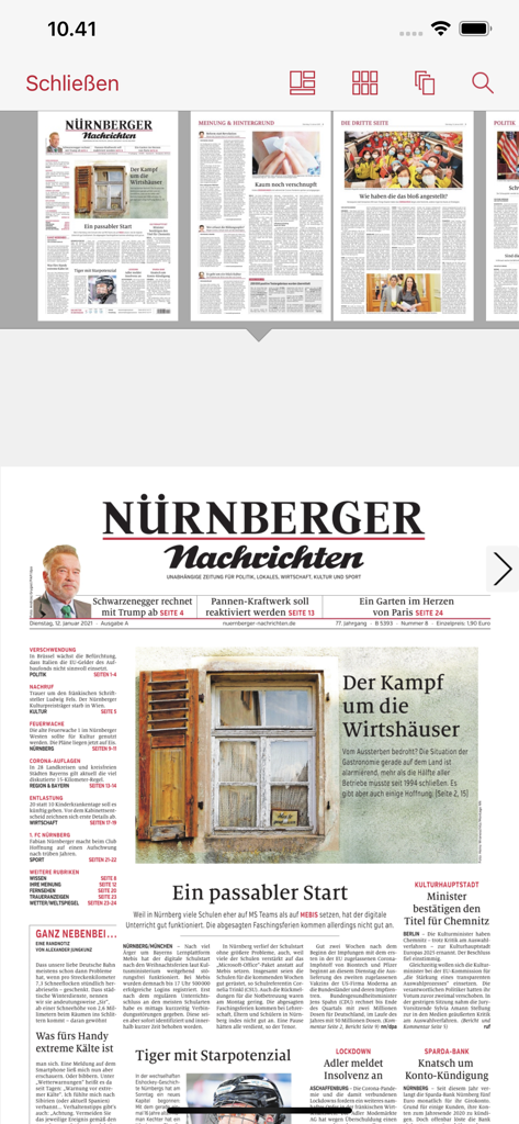 Oberfläche des Nürnberger Nachrichten E-Paper mit dem digitalen Zeitungs-Layout und der Seiten-Navigation