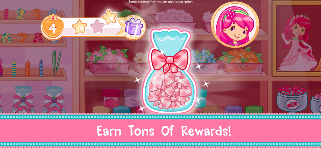 Strawberry Shortcake Bake Shop - Una colorata schermata di gioco da Strawberry Shortcake Bake Shop che mostra un sacchetto regalo luminoso e stelle di progresso.