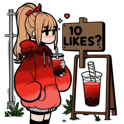girl with oversized hoodie drinking boba and she has a high ponytail with a sign that says 10likes?