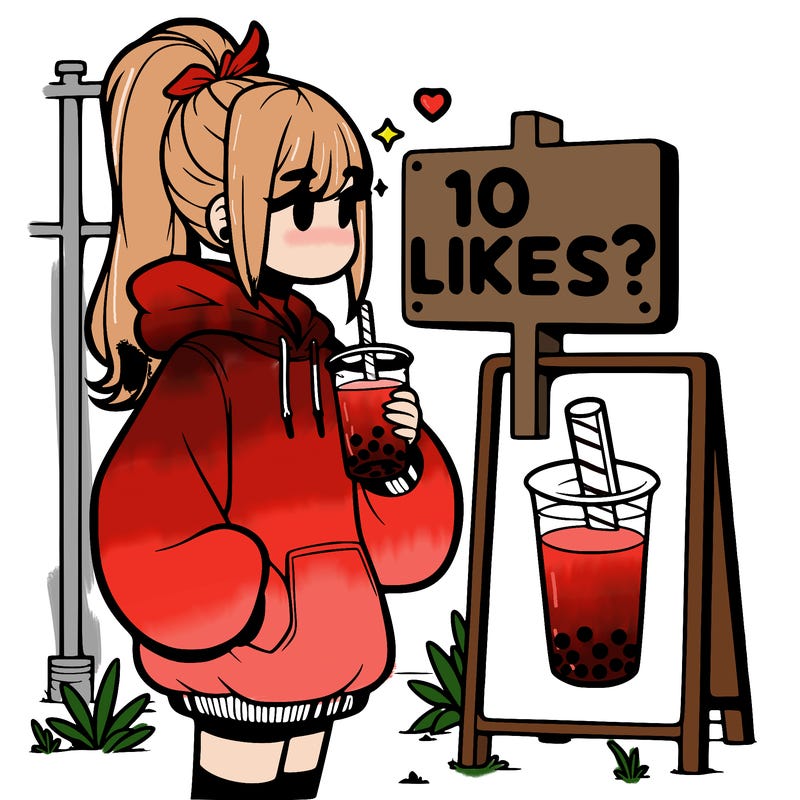 girl with oversized hoodie drinking boba and she has a high ponytail with a sign that says 10likes?