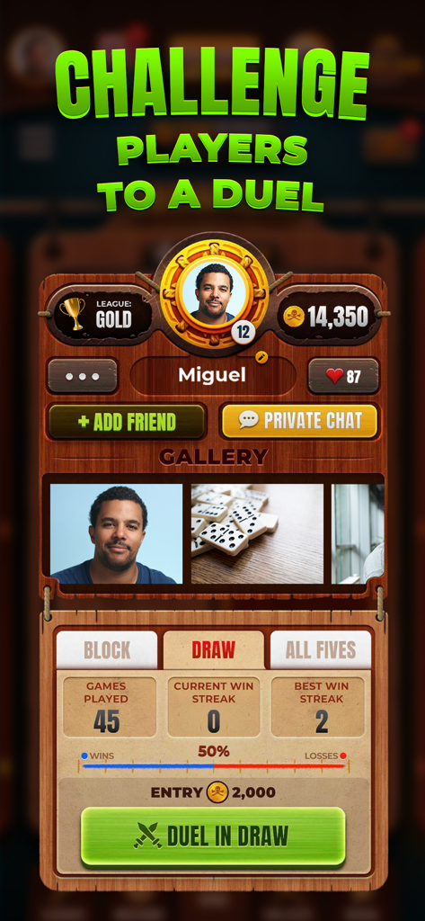 Domino Duel - Online Dominoes - Carte de profil de joueur dans Domino Duel montrant les statistiques de l'utilisateur et un bouton pour le défier dans un duel