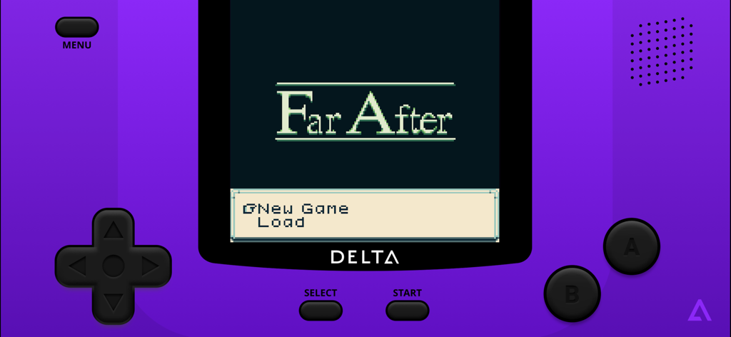 Delta game emulator interface featuring a purple handheld console skin with retro controls playing the game Far After