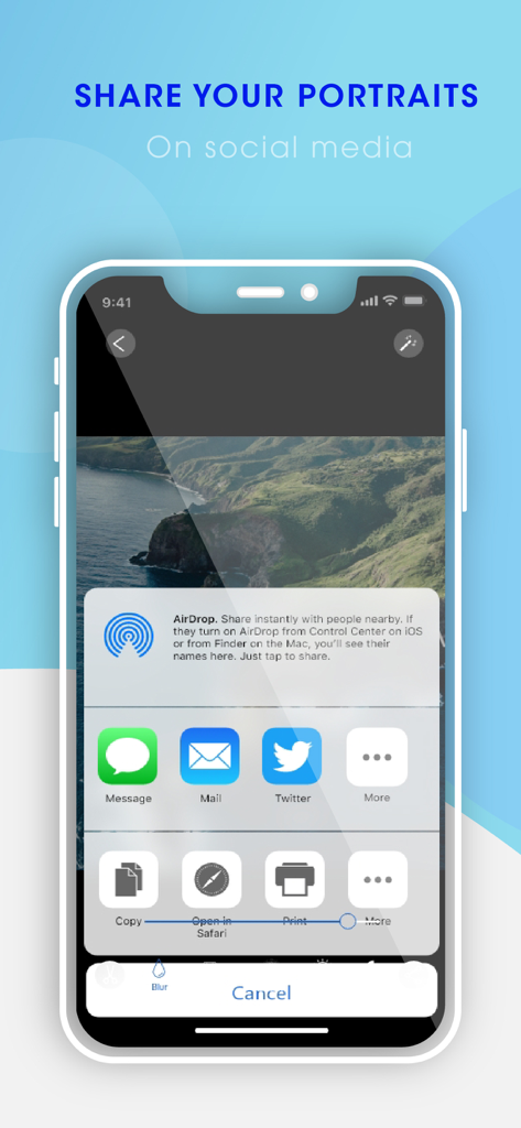 Auto Blur Background - Pantalla de smartphone que muestra opciones de compartir en redes sociales para una foto de retrato editada