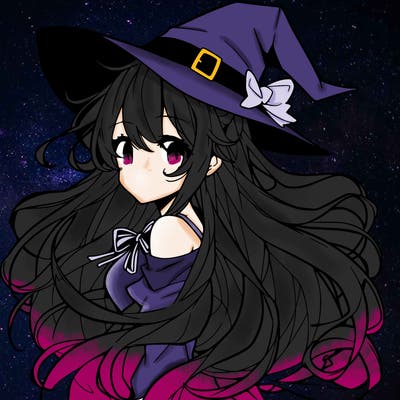 an anime girl with flowing hair, witch hat and witch