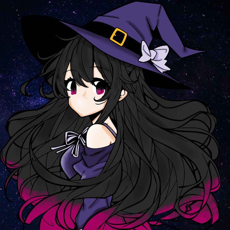 an anime girl with flowing hair, witch hat and witch