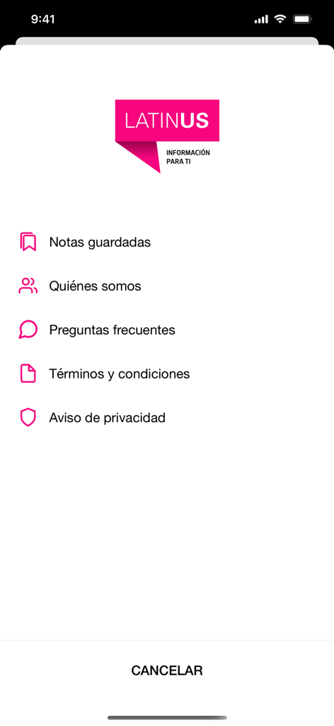 Latinus - Latinus mobile app menu showing options for saved notes about us faq and legal terms