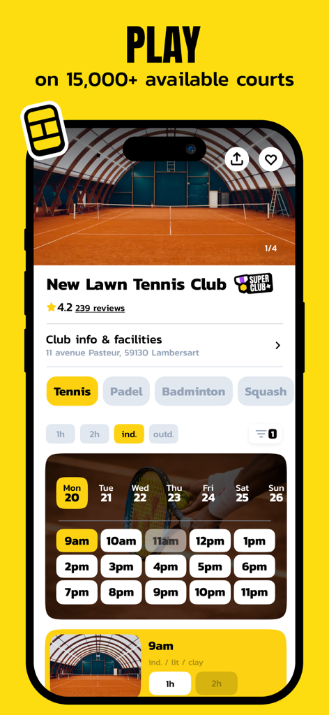Anybuddy mobile app interface showing a tennis court booking schedule and club information.