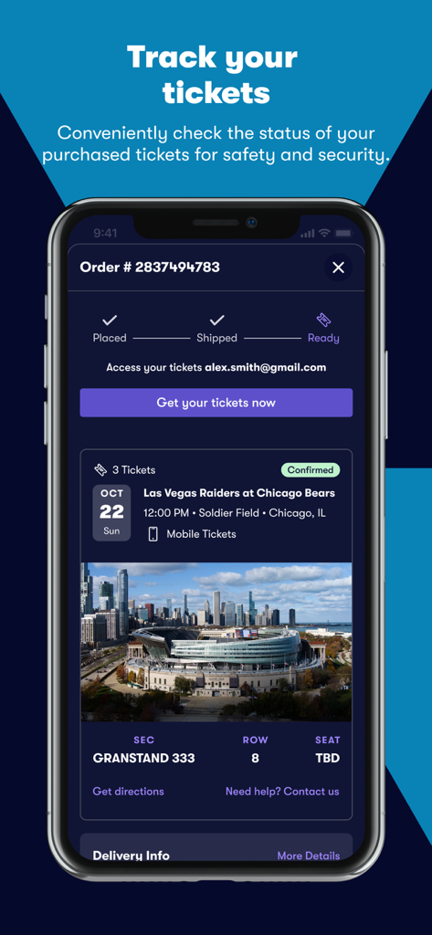 A mobile screen showing the Vivid Seats app interface for tracking ticket order status and event details for an NFL game.
