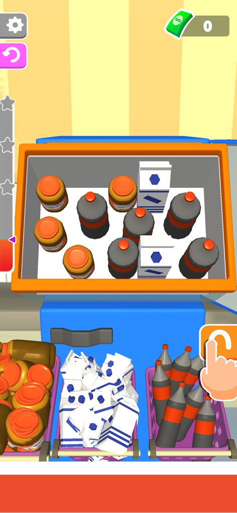 플레이어가 냉장고 서랍에 병과 상자를 정리하는 냉장고 마스터 3D의 게임 플레이 스크린샷