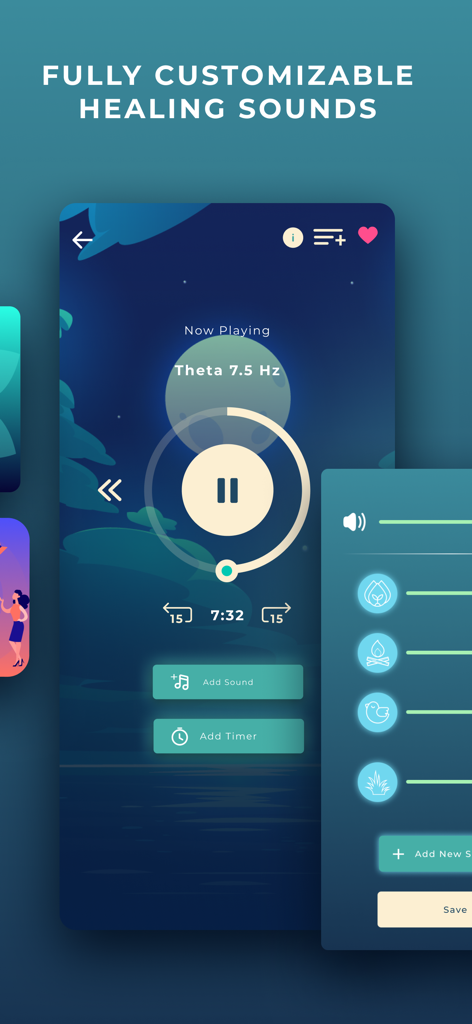 Healing Sounds- Sound Therapy - Interface of the Healing Sounds app showing adjustable sound layers for theta frequencies and nature sounds