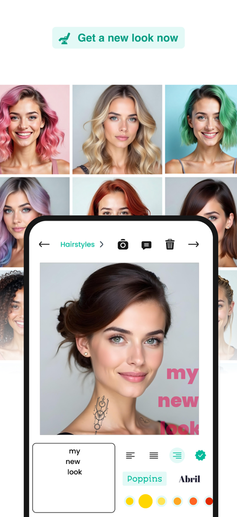Makeover photo hairstyles app - バーチャルなヘアスタイルとカラーを試すためのモバイルアプリケーションのインターフェース。