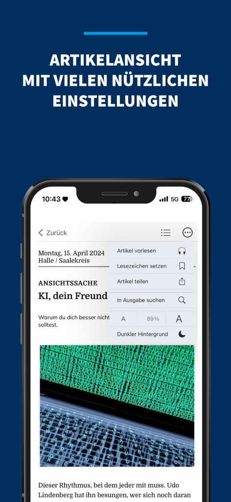 MZ - Vue d'article de l'application MZ affichant les paramètres de lecture personnalisables et les options d'accessibilité.