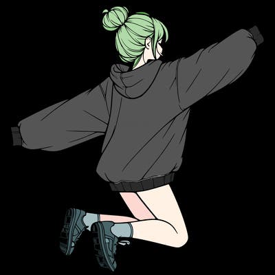 realistic girl jumping with a bun and oversized sweatshirt