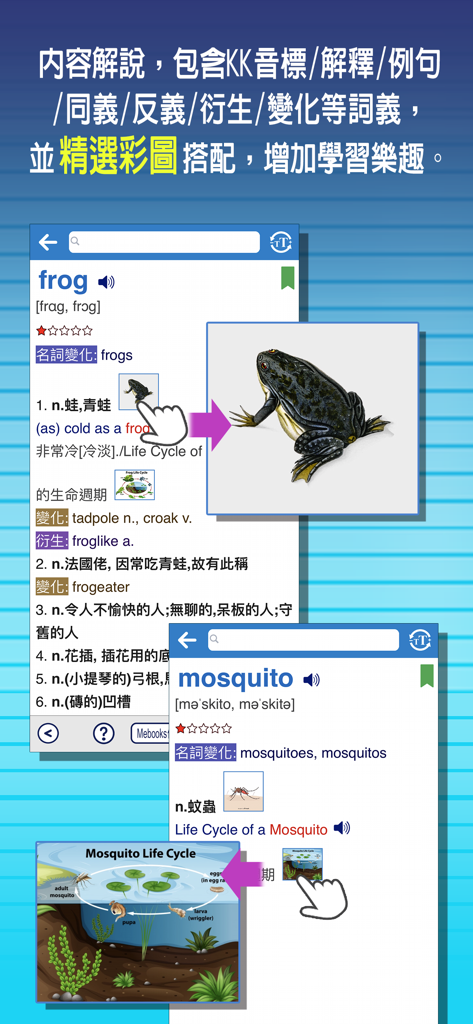 遠流字典通 (豪華版) - Interface of Yuan Liou Dictionary app showing definitions and illustrations for frog and mosquito words