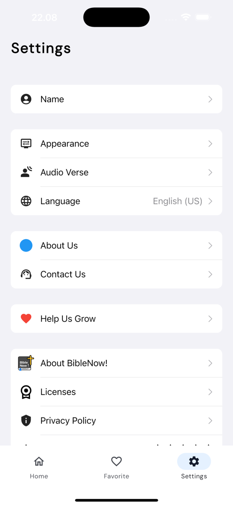 BibleNow!: Alkitab Offline - The settings menu of the BibleNow app showing language, audio, and appearance options