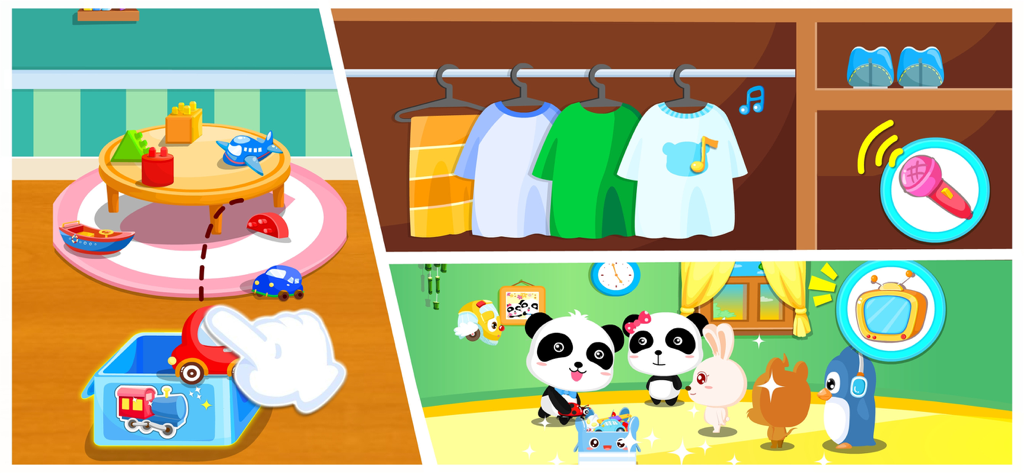 Get Organized-BabyBus - Escenas educativas que muestran la organización de juguetes y la clasificación de ropa en la aplicación BabyBus.