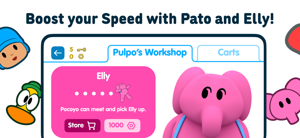 Écran de sélection du personnage Elly dans l'atelier de Pulpo du jeu Pocoyo Run and Fun Hill Racing