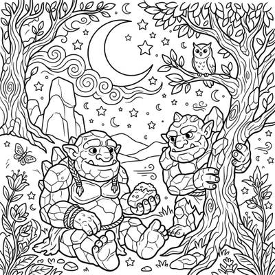 Embark on a nighttime adventure with this captivating coloring page featuring two Stone Trolls in a moonlit forest. Perfect for fantasy enthusiasts and lovers of nocturnal wonder.