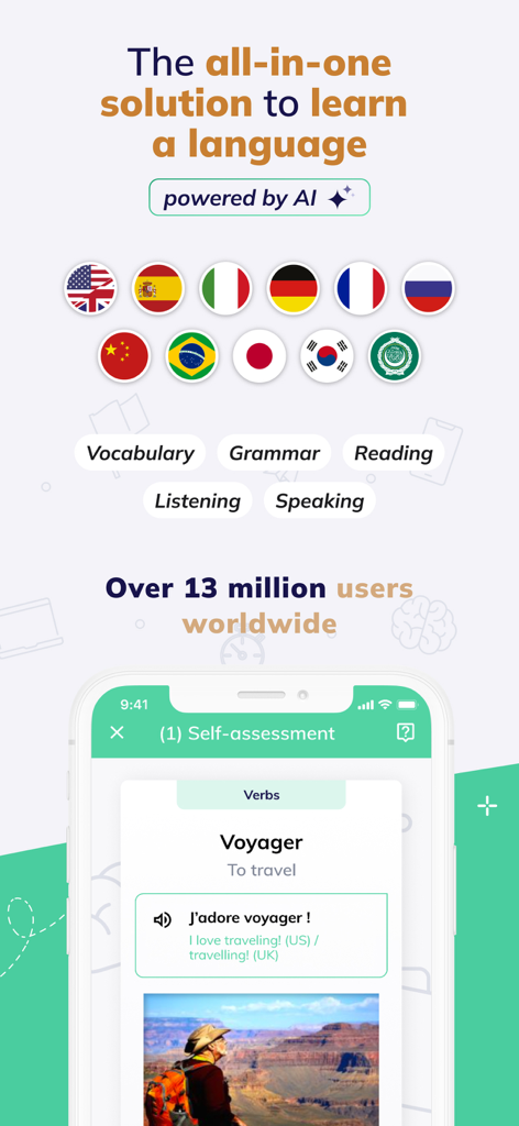 MosaLingua - Learn Languages - MosaLingua mobile app interface showing various language options and a vocabulary self-assessment screen.