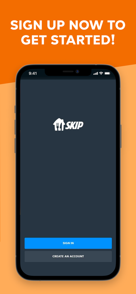 Skip Courier mobile app login and sign up screen with sign in and create account buttons