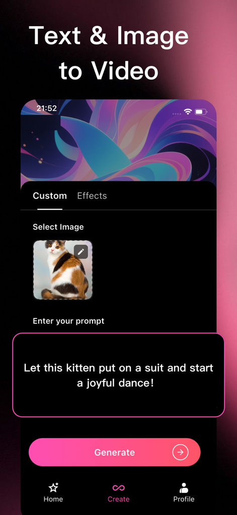 猫の写真を踊る動画にアニメ化するAIプロンプトを示すLumaアプリのインターフェイス