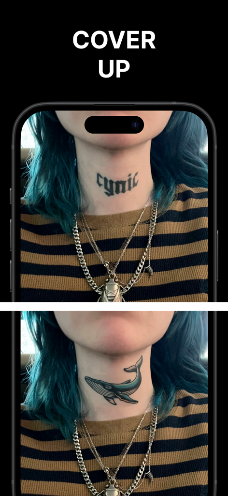 Before and after comparison of a neck tattoo cover up using AI tattoo generator