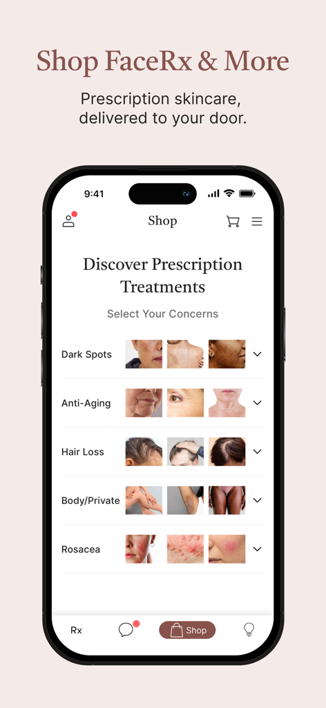 Musely - Tela do iPhone exibindo a loja do aplicativo Musely com opções para descobrir tratamentos prescritos para manchas escuras, antienvelhecimento, queda de cabelo e rosácea