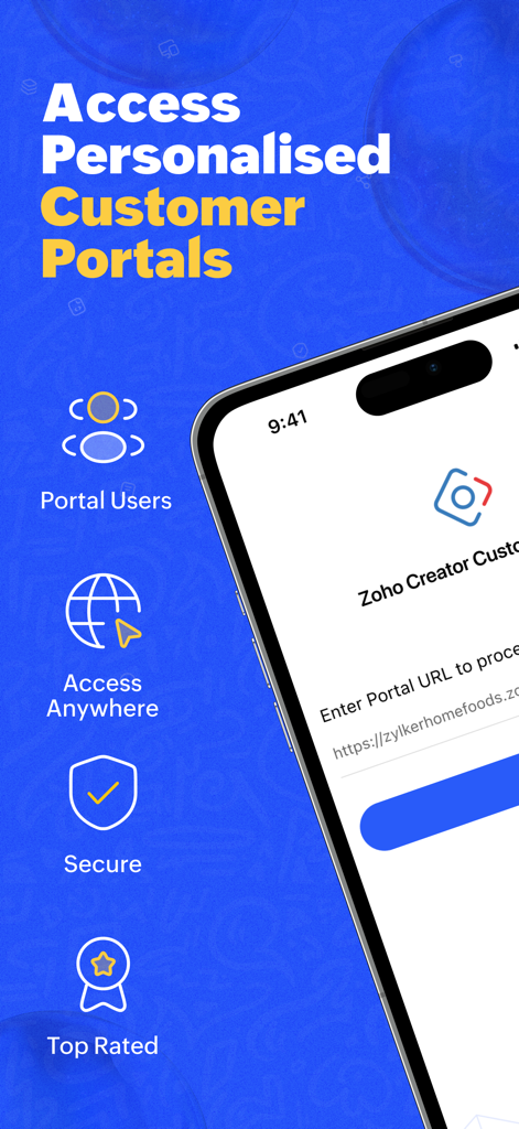Zoho Creator Customer Portal app showing access to personalized business portals on a mobile device.