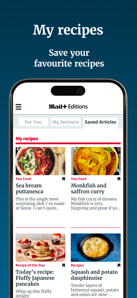Saved recipes section in the Scottish Daily Mail app showing various food articles.