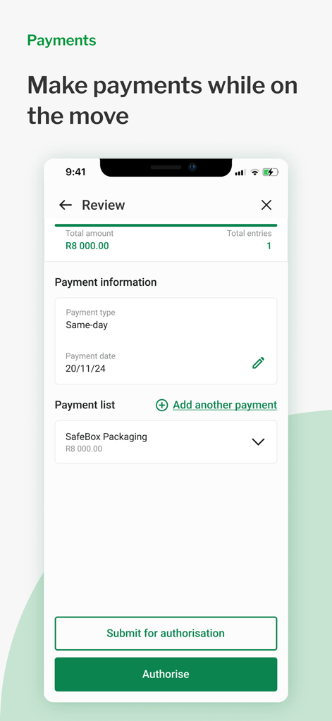 Nedbank Business Hub - Nedbank Business Hub mobile app screen for reviewing and authorizing business payments