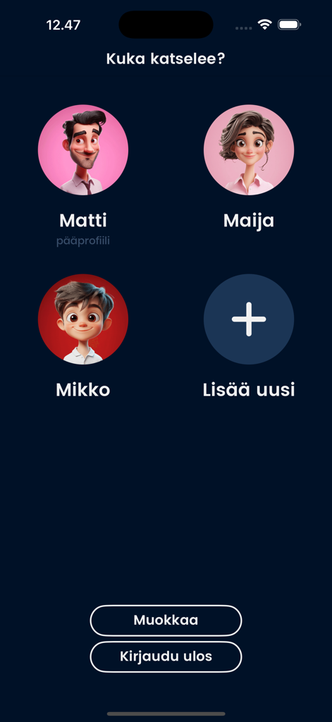 Ruutu app profile selection screen showing multiple user avatars and profiles
