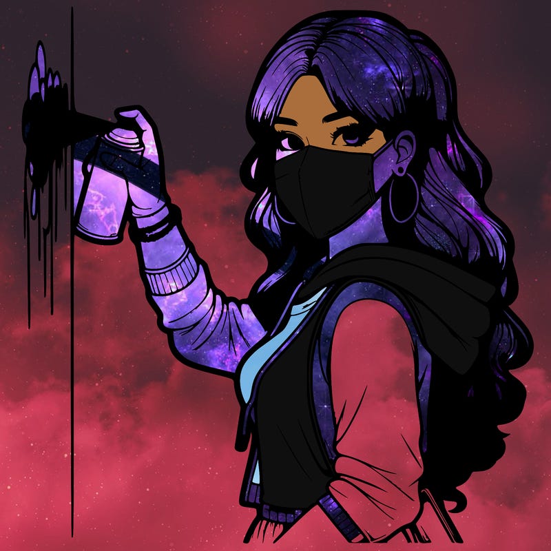 realistic girl with mask spray painting a wall