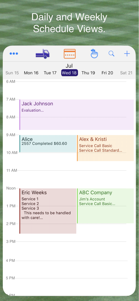 Daily and weekly schedule view showing lawn care appointments in the app