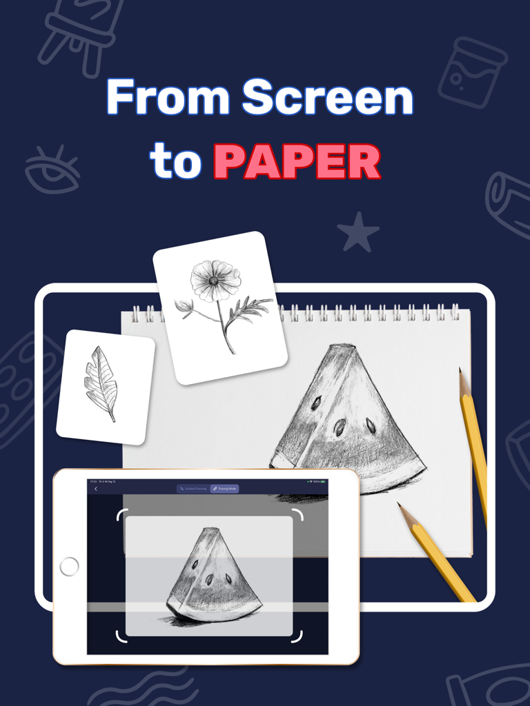 iPad showing AR technology used to trace a watermelon drawing from the screen onto physical paper