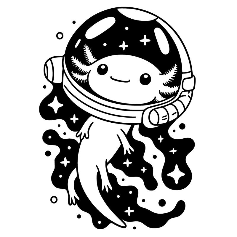 skinny axolotl floating in space with a space helmet on
