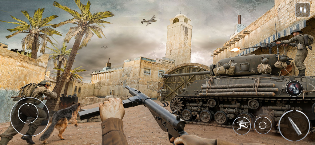 First person shooter gameplay showing a soldier with a dog companion and a tank in a combat zone