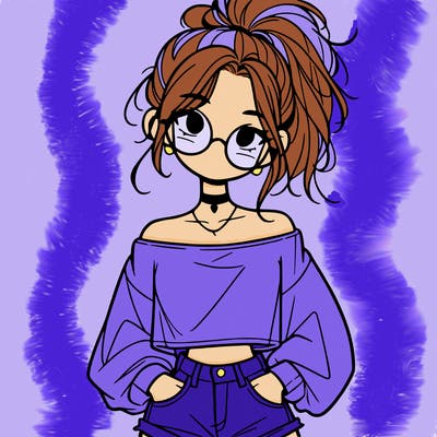 girl with a messy ponytail glasses a baggy crop top and jean shorts
