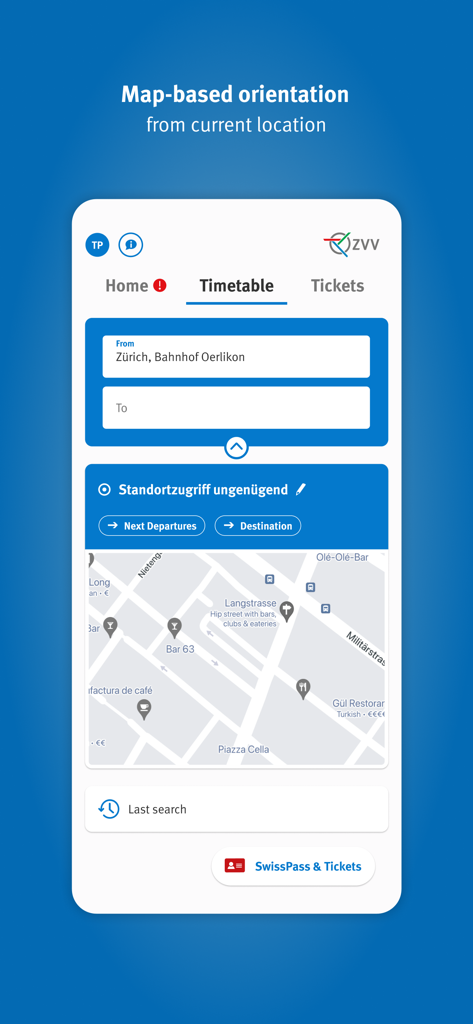 ZVV - Interface do aplicativo ZVV mostrando orientação baseada em mapa e pesquisa de horários para transporte em Zurique