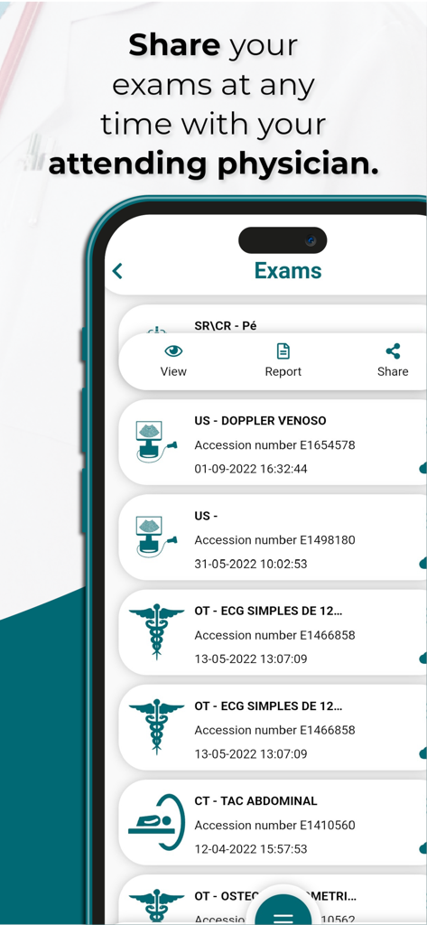 CIDIF - Interface do aplicativo CIDIF exibindo uma lista de resultados de exames médicos com opções para visualizar e compartilhar com um médico