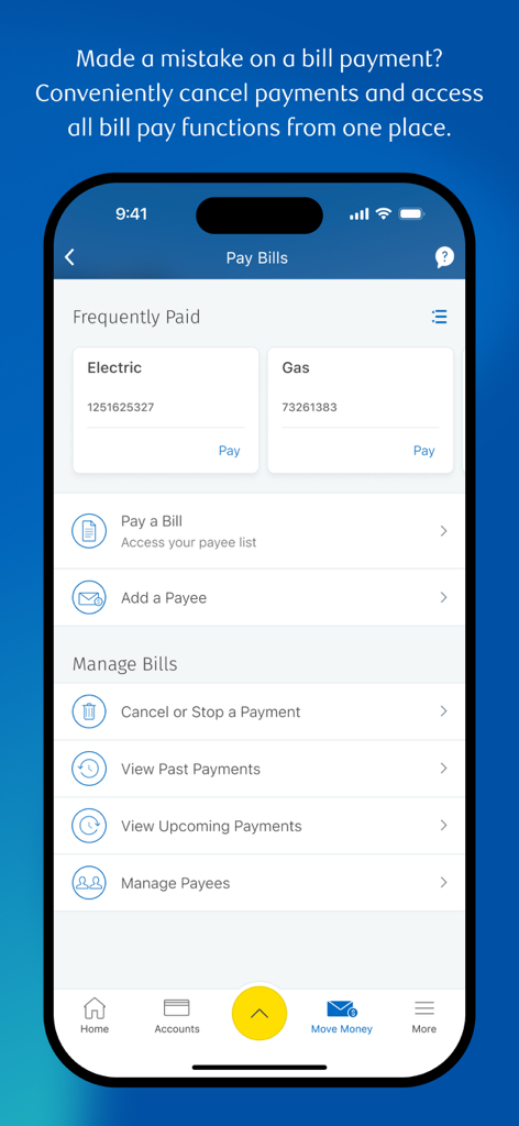RBC Mobile - RBC Mobileアプリの請求書支払いインターフェース、iPhoneでの請求書支払いと管理オプションを表示。